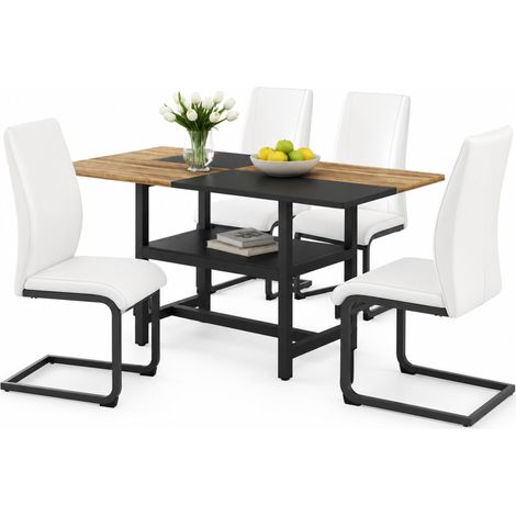ELVMI Set Tavolo e Sedie con 1 Tavolo Rettangolare con Ripiano e 4 Poltroncine, MDF, Metallo e Similpelle, Bianco (1/5)