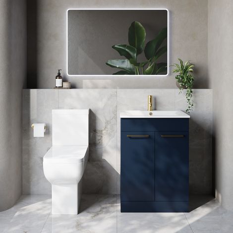 Napoli 460 Deep Blue 600mm 2 Door Vanity Unit and Tacoma Comfort Height Toilet Suite with Angel Basin - 600mm - Brushed Brass 160mm Handle