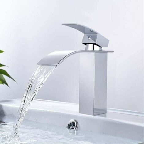 Robinet de lavabo cascade, robinet de salle de bain en laiton, mitigeur de lavabo avec grande sortie d'eau, eau chaude et froide (1/5)