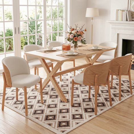 Seis sillas de comedor cómodas y transpirables de madera maciza, tapizadas en lino, chapa de fresno macizo, color madera natural. (1/5)