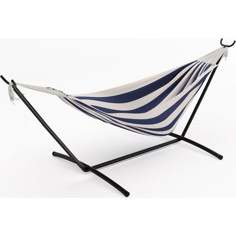 Hamac Double Robuste pour 2 Personnes avec Support en Acier – Lit brésilien en Coton – Capacité 450 LB – Portable avec Sac de Transport – Idéal Jardin, Camping, terrasse – Rayé Bleu et Blanc (1/5)