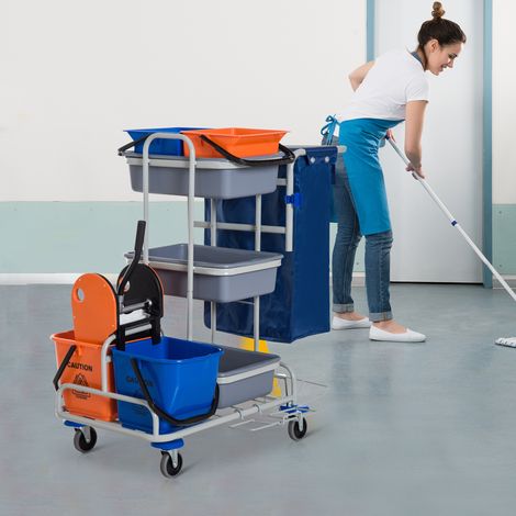 Chariot de nettoyage professionnel multifonctionnel avec 4 seaux, roues, sac en toile, 118 x 73 x 103 cm