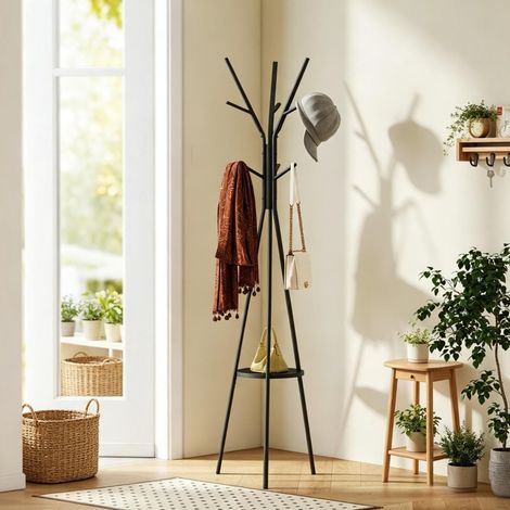 Portemanteau sur pied noir 180 cm avec 9 crochets et tablette en métal et MDF OKMYHOME (1/5)