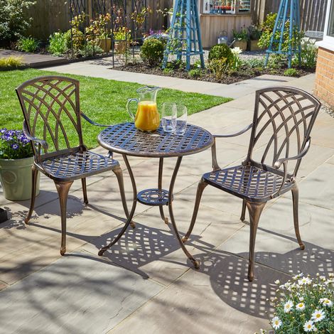 Brown Bistro Set Outdoor Garden Patio Lattice Table and 2 Chairs Aluminium Frame