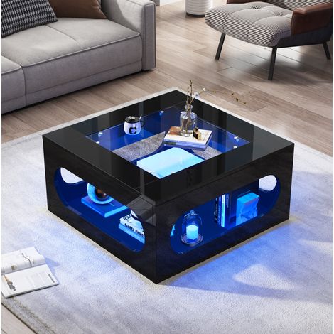Tavolino da caffè 70x70x35 cm nero in MDF e vetro temperato con LED, vano contenitore centrale (1/5)