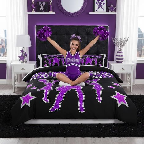 Parure de lit pour fille Motif pom-pom girl Taille S Décoration de chambre d'enfant Motif étoiles Violet et noir Housse de couette (1/5)