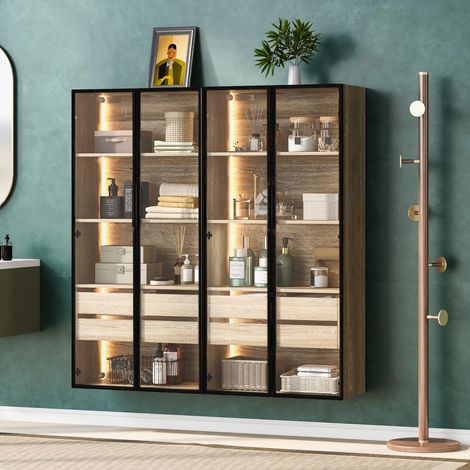 Badezimmerschrank-Set MDF Natur 73 cm mit LED-Beleuchtung, Glastüren, Schubladen und flexibler Montage, 2-teilig (1/5)