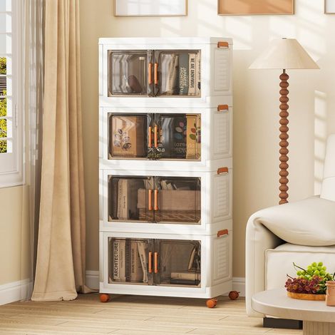 GOPLUS Boîtes de Rangement en Plastique, Boîtes de Rangement Empliables 208L avec Couvercles, Roues Universelles, Portes Avant, Poignées Pratiques, pour Maison, Bureau (62.5(L),4 Niveaux) (1/5)