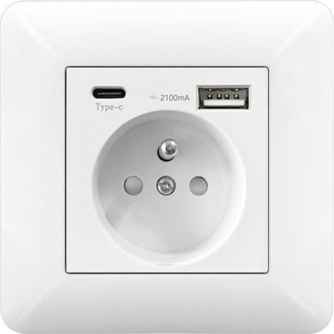 Prise Murale Type 86 USB-A + USB-C  16A 220-250V 5V 2100mA Blanc  Maison & Bureau