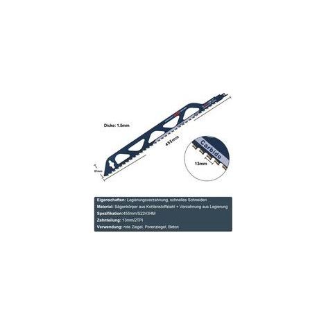 Lame de scie sabre en acier au carbure de tungstène pour métal, bois, pierre, accessoires de scie sabre pour béton cellulaire, brique, béton, plaque de ciment, longueur (455mm (S2243HM)) (1/4)