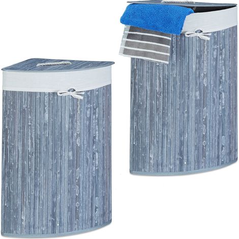 2x Cestos Ropa Sucia Esquinero, Cubo Colada Plegable con Tapa, Canasta, Bambú, 65 x 49,5 x 37 cm, Gris