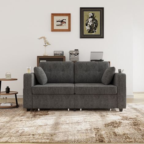 Sofá recto de 2 plazas con 2 cajones, USB, portavasos y bolsillos laterales, gris, 172x75x82 cm (1/5)