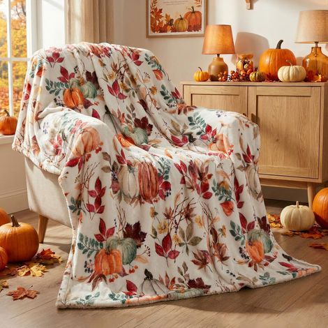 Plaid Automne Citrouille 130x150 cm , Couverture Douce Polaire Flanelle Sherpa , Motif Citrouille Orange & Feuilles (1/5)