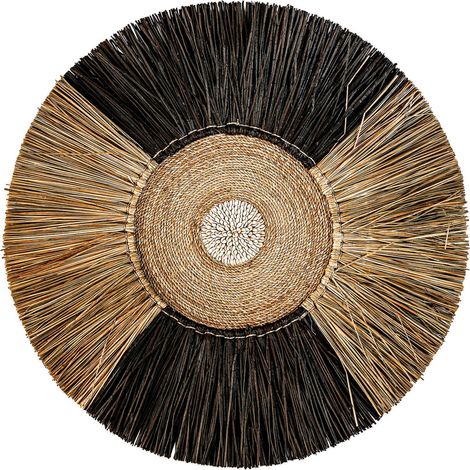 Panneau décoratif boho en raphia noir finition artisanale - Noir raphia et marron naturel (1/3)