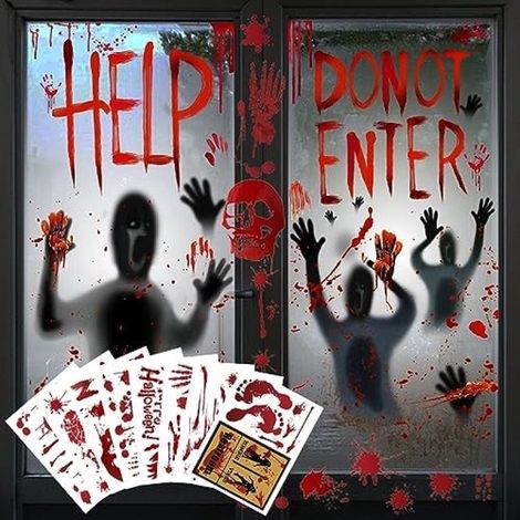 Lot de 10 autocollants de fenêtre Halloween - Grandes tailles - Empreintes de mains effrayantes - Décoration horreur pour vitre, mur, porte (1/5)
