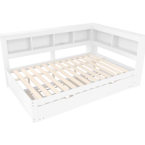 Lit banquette 140x200 cm avec lit gigogne, prise et 2 USB, sommier à lattes, blanc MODENUIT (1/5)