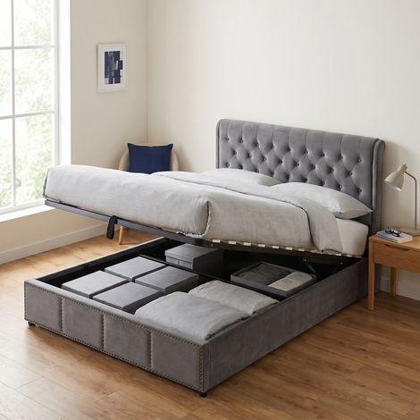 Stauraumbett Doppelbett 160x200 cm mit hydraulisch hochklappbarem Lattenrost, gepolstertem Kopfteil, Samt Grau (1/5)