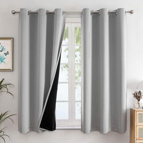 Tende oscuranti a doppio strato per camera da letto, 100% coprenti, con fodera nera e occhielli (grigio chiaro, 2 pannelli, 42x63") (1/4)