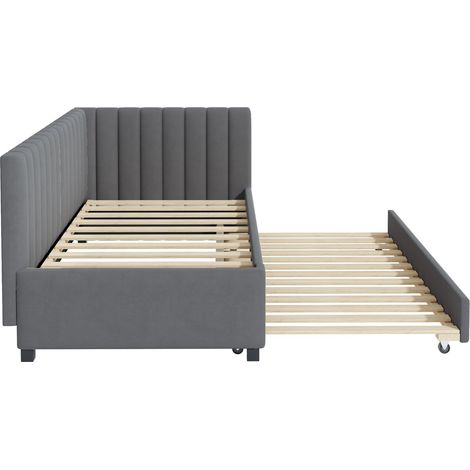 Lit rembourré 90200, canapé-lit gigogne, lit multifonction avec sommier à lattes, lit ado, lit enfant, lit d'appoint, tissu velours gris (1/5)