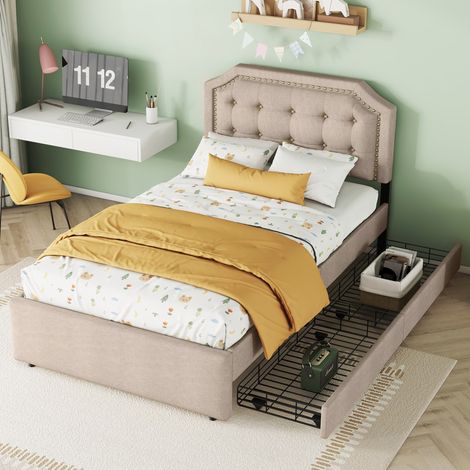 Cama tapizada 90 x 200 cm con 2 cajones, cabecero regulable y nudos decorativos, beige HAVRYA (1/5)