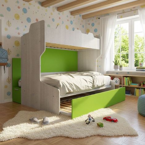 Letto a castello salvaspazio con scala contenitore - 1 Piazza e mezza + singolo - Rovere rock e Verde mela (1/5)