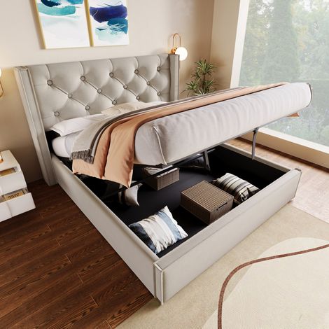 Letto contenitore in cotone grigio chiaro, 160x200 cm, con rete a doghe e testiera imbottita. (1/5)