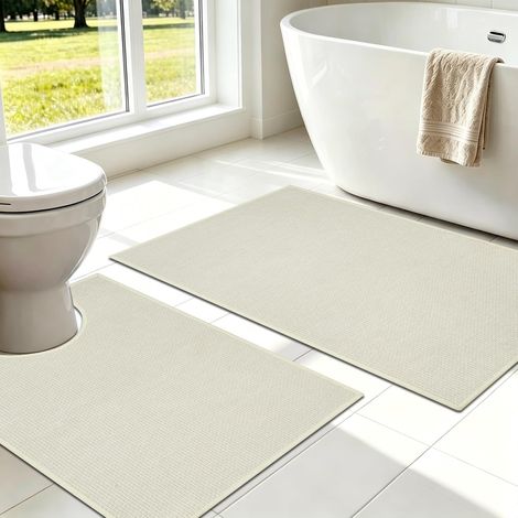 Lot de 2 Tapis Salle De Bain, Tapis de Bain Antidérapant Absorbant, Lavable en Machine Tapis WC Contour, Beige (1/5)