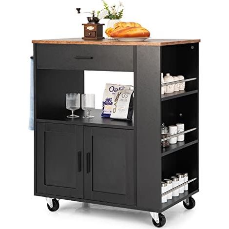 îlot de Cuisine sur roulettes, Chariot de Service avec Plan de Travail, Porte-Serviettes, 3 étagères à épices et tiroir, Noir (1/5)