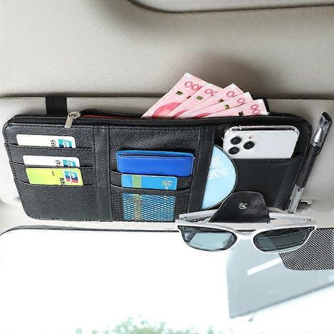 Pare-soleil de voiture, porte-cartes de visite, porte-stylo, porte-CD/DVD, boîte de rangement avec clip pour lunettes de soleil et fermeture éclair (noir)