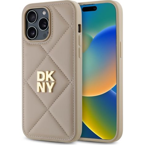 Funda DKNY DKHCP14LPQDSLE para iPhone 14 Pro de 6.1 pulgadas, color beige/beige, con diseño acolchado y logotipo apilado. (1/5)