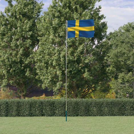 Drapeau de la Suède et mât 5,55 m Drapeau Décoratif - Style Contemporain Aluminium BV216377 - BonneVie (1/5)