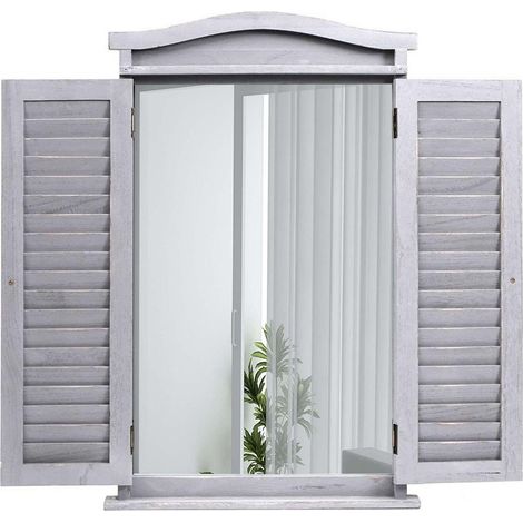 [NEUWERTIG] Wandspiegel Badspiegel Badezimmer Spiegelfenster mit Fensterläden, 71x46x5cm shabby grau (1/5)