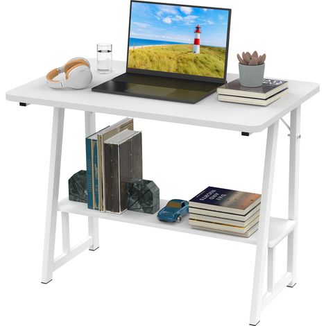 Bureau d'Ordinateur 2 Étages Blanc - Panneau de Particules Renforcé (Capacité 100kg), Étagère de Rangement & Design Épuré (80x50x73cm) - Table d'Étude Multifonction pour Espaces Réduits (1/5)