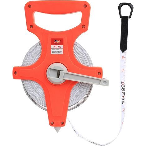 50 Meter ausziehbares Maßband mit ergonomischem Griff, aus Fiberglas, kurbelbetriebenes Maßband, auf einem Ständer. (1/5)