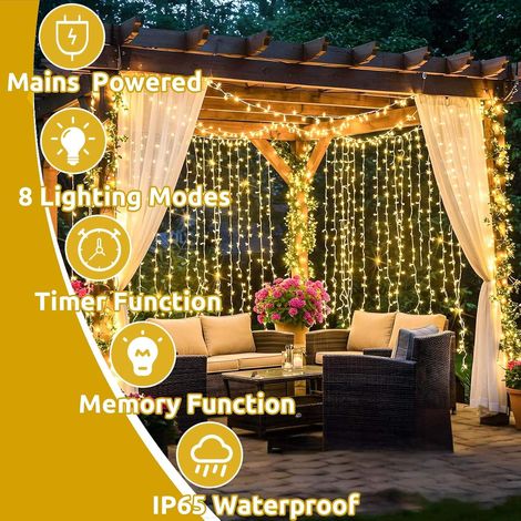 Rideau lumineux Joycome 6 m × 3 m, 600 LED, 8 modes d'éclairage alimenté sur secteur, étanche IP44, guirlande pour fenêtre, mur, chambre et balcon, décoration de Noël intérieur et extérieur, blanc cha
