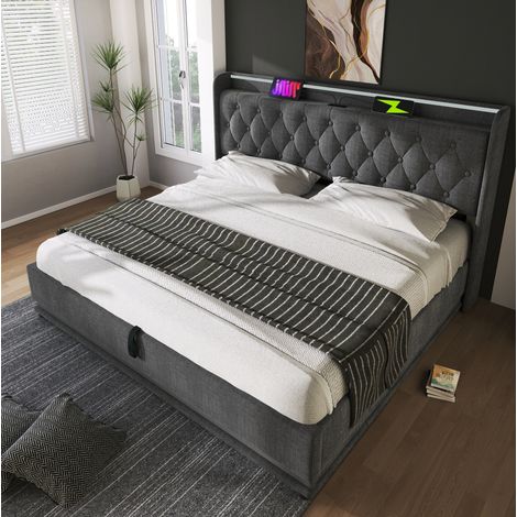 Letto matrimoniale imbottito con contenitore e LED 140x200 cm, lino grigio, testiera trapuntata con USB e Type-C, rete a doghe (1/5)