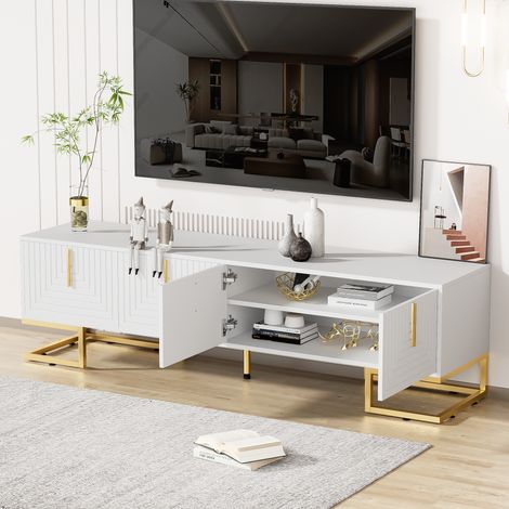 Mueble TV Puertas texturizadas diseño elegante estanterías integradas tablero de partículas 170x40x45.5cm color blanco