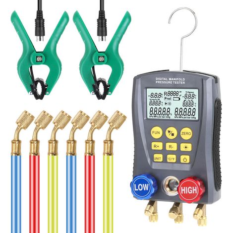 – Digital refrigeration pressure gauge – Max pressure 6000 kPa – Temperature tester – Vacuum pressure manifold – HVAC tool (1/5)