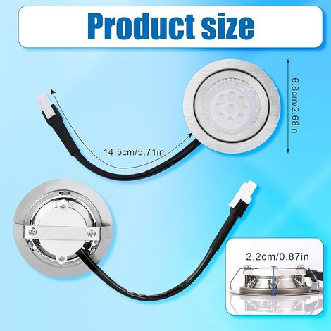 2 Pièces EL Mâle Hotte Lampes Encastrées, 6,8cm Diamètre DC 12V 6500K Acier Inoxydable Hotte LED Lumière Remplacement Accessoires Éclairage pour Cuisinière Cuisine