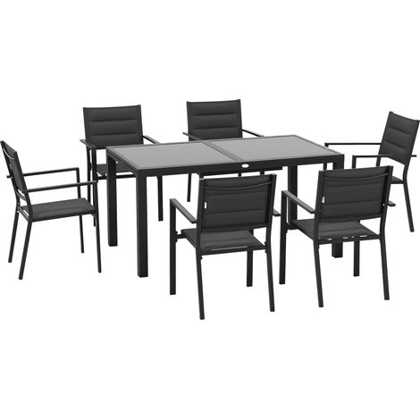 Set da Giardino con Tavolo Allungabile in Vetro e 6 Sedie con Seduta Traspirante, Grigio Scuro