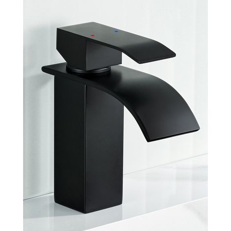 Robinet de Lavabo Cascade Noir, Robinetterie de salle de bain avec l'eau froide chaude, Mitigeur Lavabo Inox 304 de super qualité, Hauteur : 152 mm (1/5)