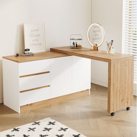 Bureau d'angle pivotant pliable avec roulettes verrouillables, plateau épais 4 cm, meuble de rangement multifonction, blanc et chêne-3 tiroirs 2 porets (1/5)