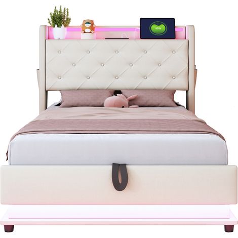 Lit Coffre Enfant Simple avec LED, 3 USB et Type-C, 90 x 200 cm, Tête de Lit Rabattable, Sans Matelas, Beige (1/5)