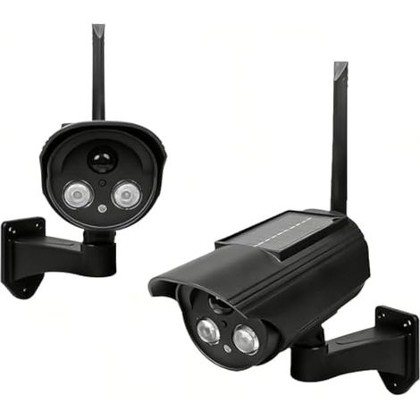 Lot de 2 caméras factice solaires : fausse caméra de surveillance avec lumière LED rouge clignotante, fonction rotative IP66, caméra de vidéosurveillance, caméra de sécurité pour l'extérieur (1/5)