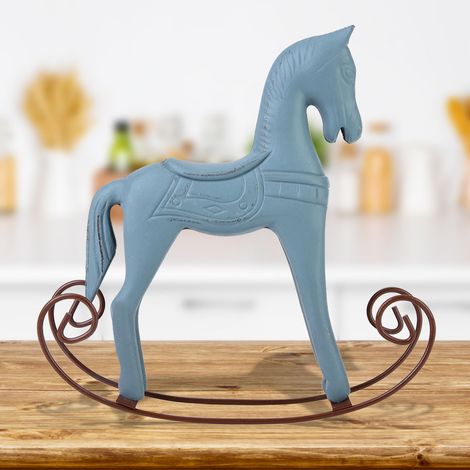 Handgefertigtes, geschnitztes und bemaltes Schaukelpferd aus Holz, Kinderspielzeug, Geschenkidee, Tischdekoration (Hellblau) (1/5)