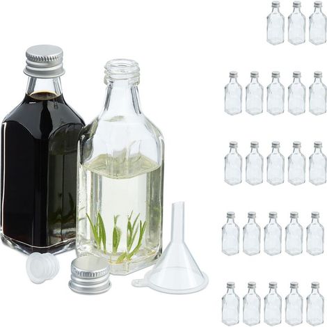 Relaxdays Mini bouteilles en verre, lot de 25, petites fioles à remplir, 50 ml, bouchon à vis, transparent/argenté (1/5)