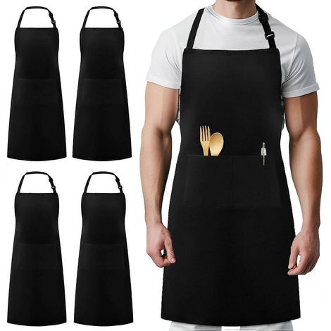 Lot de 4 tabliers noirs ajustables avec poche, tablier de chef à bavette pour femmes et hommes, dessin de cuisine (1/5)