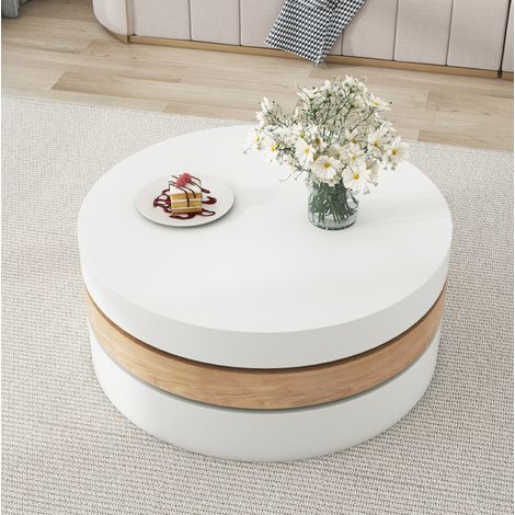 Tavolino da caffè in MDF 60 x 60 x 35,1 cm Bianco + Naturale, girevole 360° con vano contenitore (1/5)