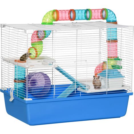 PawHut Hamster Cage, Gerbil Cage 3 Tier for Dwarf Hamster with Tube, Exercise Wheel, Water Bottle, Food Dish 59 x 36 x 47 cm- Blue