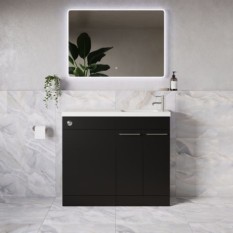 Napoli 250 Matt Black 1000mm 2 Door Vanity Unit Toilet Suite with Round Silvo Basin - 1000mm - Chrome 160mm HandleWithout Jubilee Toilet Pan